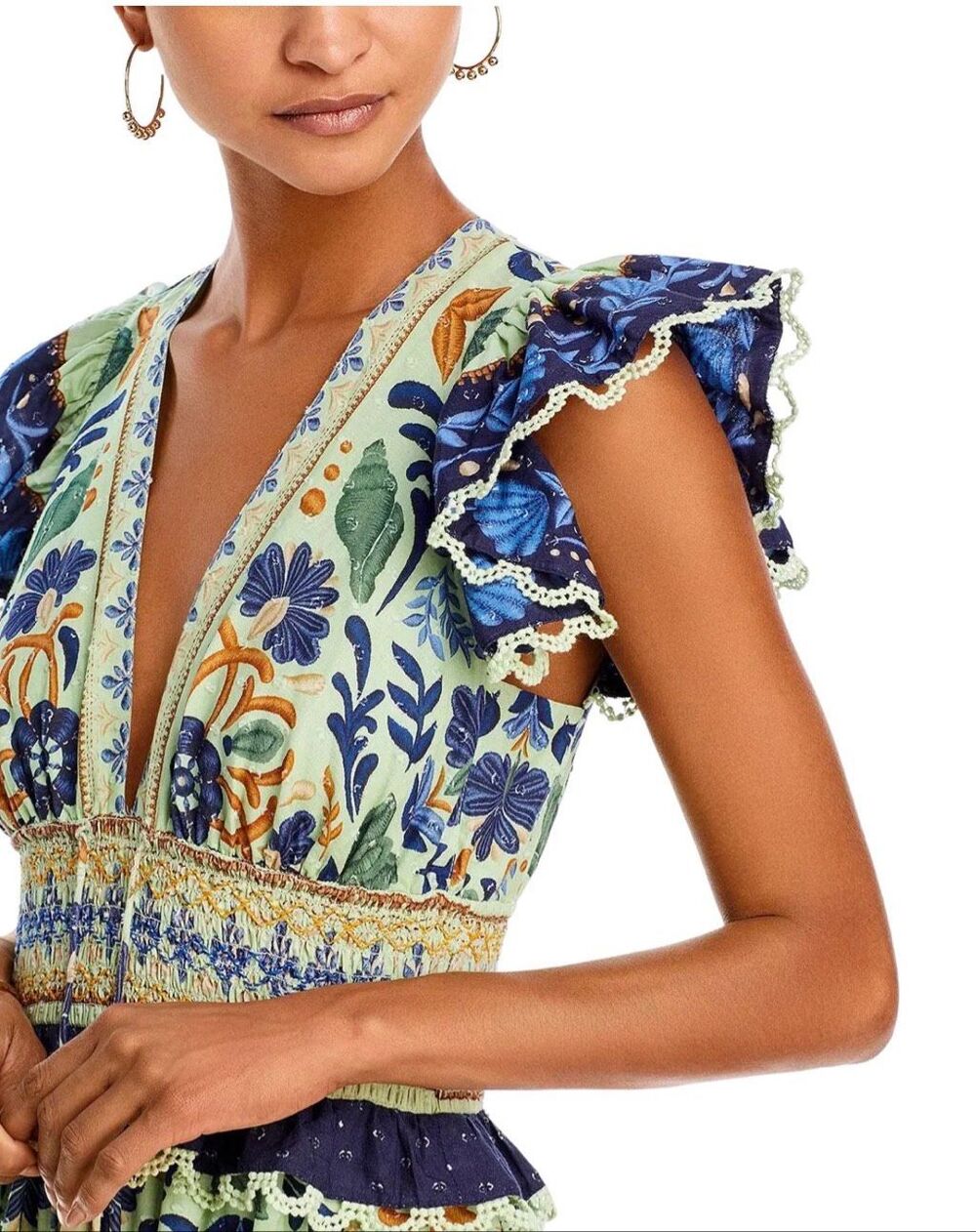 Farm Rio Ocean Tapestry Green Blue Floral V-Neck Smocked Maxi Dress Medium - Picture 2 of 7
